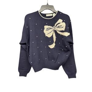 Liz Claiborne Vintage Medium Sweater Navy Cream Pearl Bow Coquette Girlycore